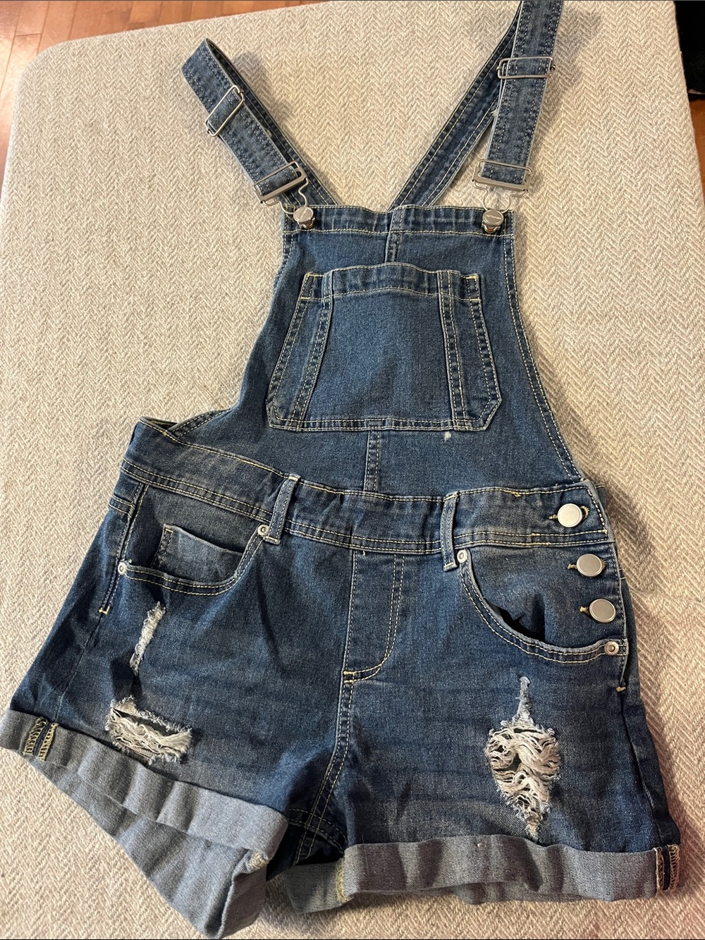 Dollhouse Distressed Denim Short Overalls - Dark Blue